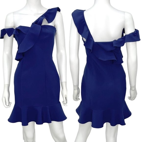 Likely Norvina Ruffle One Shoulder Flounce Mini Dress in Blueprint Blue Size 2 - Picture 4 of 14